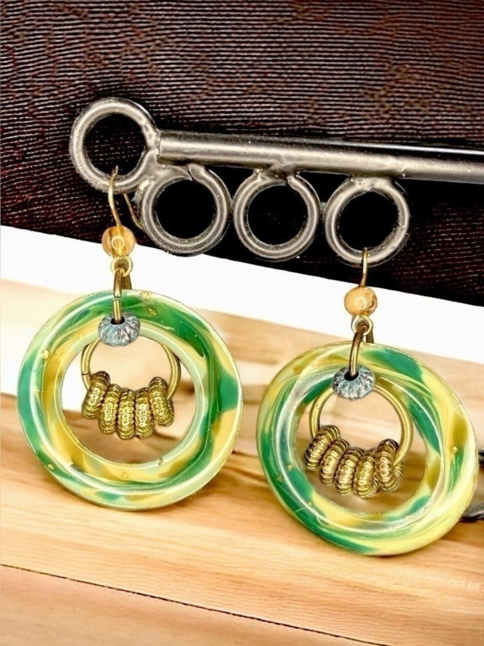 Boho Swirl Resin & Hammered Brass Statement Drop Earrings